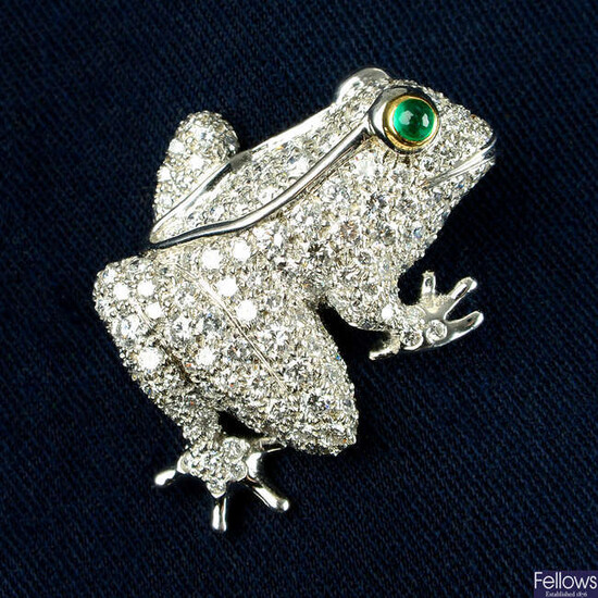 A platinum pavé-set diamond frog brooch, with emerald cabochon eye, by Tiffany & Co.