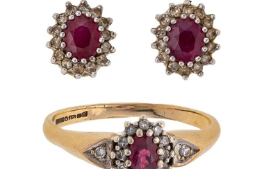 A ruby and diamond ring and pair of ear studs, cluster design each centring on an oval mixed-cut ruby within a surround of brilliant-cut diamonds, ring size O, post fittings