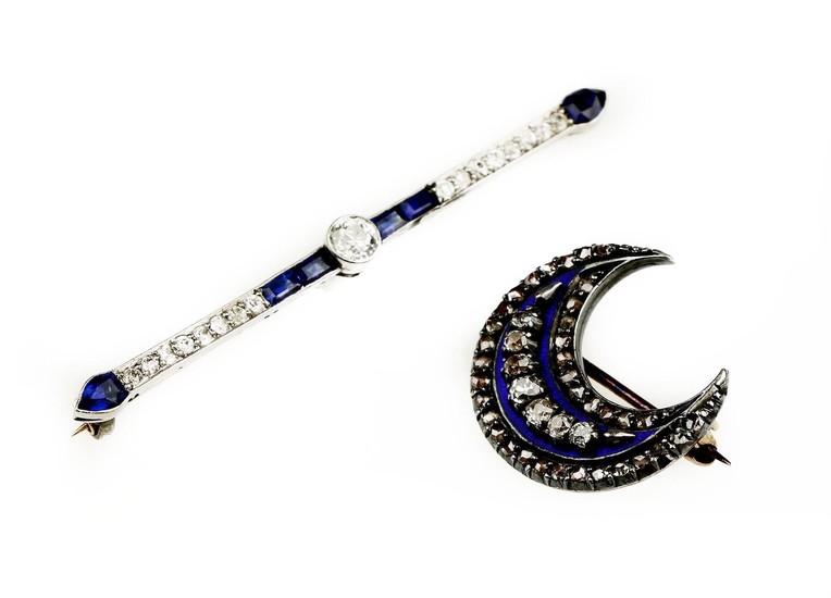 A sapphire and diamond bar brooch and an enamel and diamond crescent brooch, Late Victorian