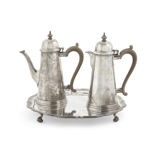 A set of English sterling silver coffee and milk pots