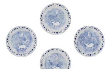 A set of four blue and white 'jade hare' ko-sometsuke dishes, Ming Dynasty, Tianqi period | 明天启 青花「玉兔」盤一組四件, A set of four blue and white 'jade hare' ko-sometsuke dishes, Ming Dynasty, Tianqi period | 明天启 青花「玉兔」盤一組四件