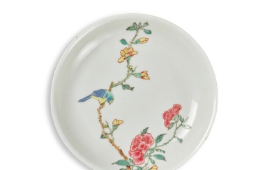 A small ruby-back famille-rose 'bird and flower' dish, Qing dynasty, Yongzheng period | 清雍正 外胭脂紅內粉彩花鳥紋小盤