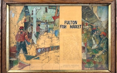 AMERICAN SCHOOL (20th Century,), "Fulton Fish Market", Mixed media on paper, 12" x 18" sight. Framed