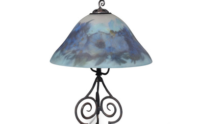 AMERICAN Small Blue Floral Table Lamp interior painted glass, patinated...
