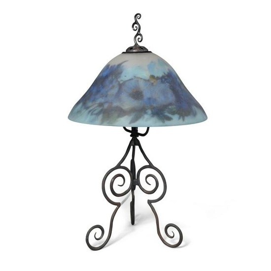 AMERICAN Small Blue Floral Table Lampinterior painted glass, patinated wrought iron, illegibly s...
