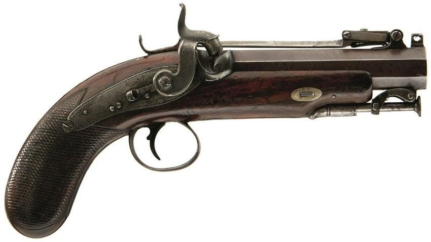 AN 18-BORE PERCUSSION TRAVELLING BAYONET PISTOL BY