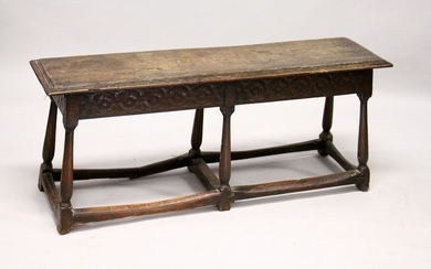 AN 18TH/19TH CENTURY OAK BENCH, with moulded