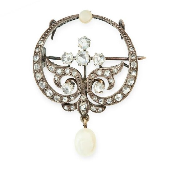 AN ANTIQUE PEARL AND DIAMOND BROOCH / PENDANT, LATE