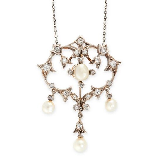 AN ANTIQUE PEARL AND DIAMOND PENDANT NECKLACE, EARLY