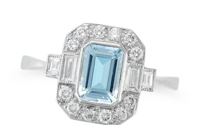 AN AQUAMARINE AND DIAMOND RING set with an octagonal step cut aquamarine in a border of round
