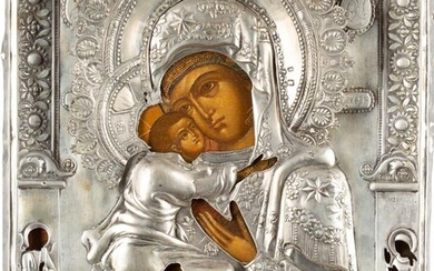 AN ICON SHOWING THE VLADIMIRSKAYA MOTHER OF GOD WITH...