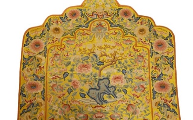 AN IMPERIAL EMBROIDERED YELLOW SILK THRONE CUSHION COVER