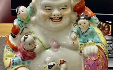 ANTIQUE Chinese Famille Rose Porcelain Figure of Laughing Buddha with children