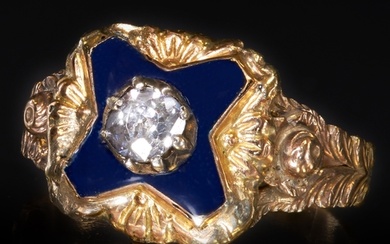 ANTIQUE ENAMEL AND DIAMOND RING, High carat gold. Bright and...