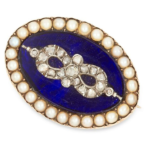 ANTIQUE PEARL, DIAMOND AND ENAMEL BROOCH set with blue