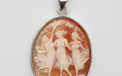 ANTIQUE PENDANT, CAMEO, THREE MUSES, 925 STERLING SILVER, HALLMARKED.