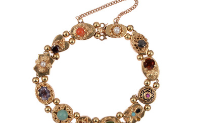 ANTIQUE SLIDE BRACELET with various colored stones, 585 yellow gold.