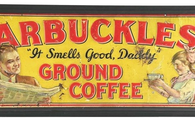 ARBUCKLES GROUND COFFEE EMBOSSED TIN SIGN W/ ADDED FRAME.