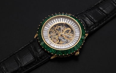 AUDEMARS PIGUET, A GENTS GOLD WRISTWATCH SET WITH EMERALDS, DIAMONDS AND SKELETONISED DIAL, ENGRAVED NO. 1