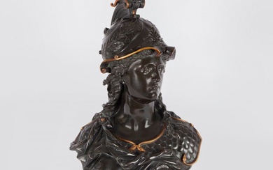 AUGUSTE MOREAU (France, 1834 - 1917). Minerve. Buste en bronze patiné avec détails en bronze...