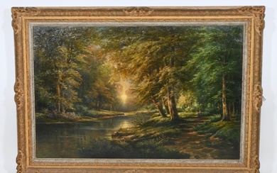 Adolf Kaufmann dit "J.Rollin" (1848-1916) (?) hst figurant un paysage de forêt lacustre, animé, sbd...