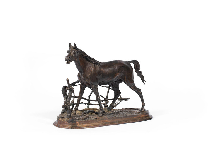 After Pierre Jules Mene (French 1810 -1879): a late 19th century Coalbrookdale patinated bronze and cast iron model of Cheval à la Barrière No 1 (Djinn)
