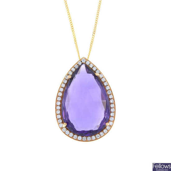 An 18ct gold amethyst and brilliant-cut diamond pendant, with an 18ct gold chain.