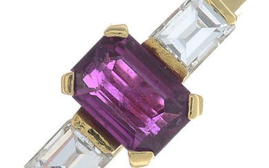 An 18ct gold rectangular-shape ruby and diamond three-stone ring.