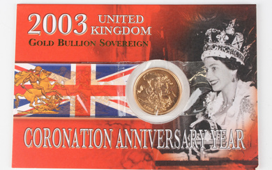 An Elizabeth II Royal Mint Gold Bullion sovereign 2003, within a presentation pack.