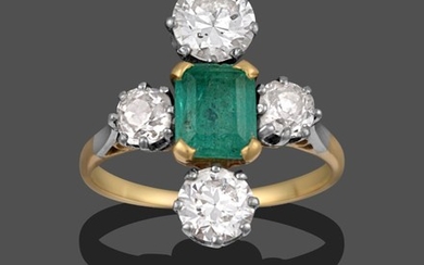 An Emerald and Diamond Ring, the emerald-cut emerald in yellow...