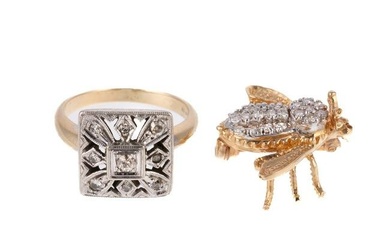 An Oscar Caplan Diamond Ring & Bee Brooch in 14K
