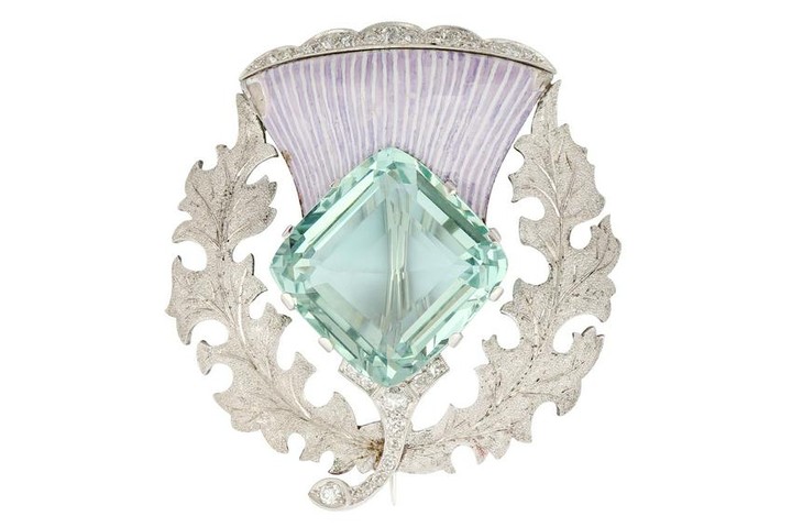 An aquamarine, enamel and diamond thistle brooch