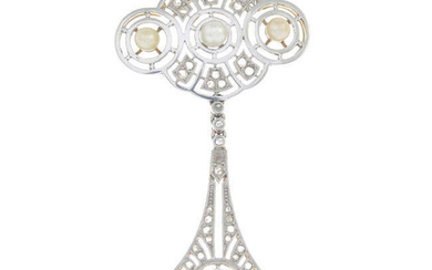 An early 20th century platinum and gold pearl and diamond openwork pendant, on an integral chain.