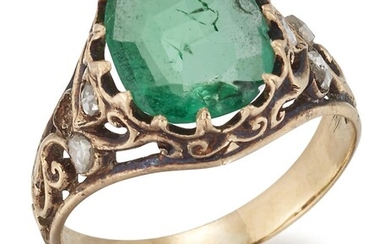 An emerald and diamond ring, late 19th century, set with an oval-shaped emerald, the shoulders enhanced with rose-cut diamonds, ring size J, one diamond deficient.
