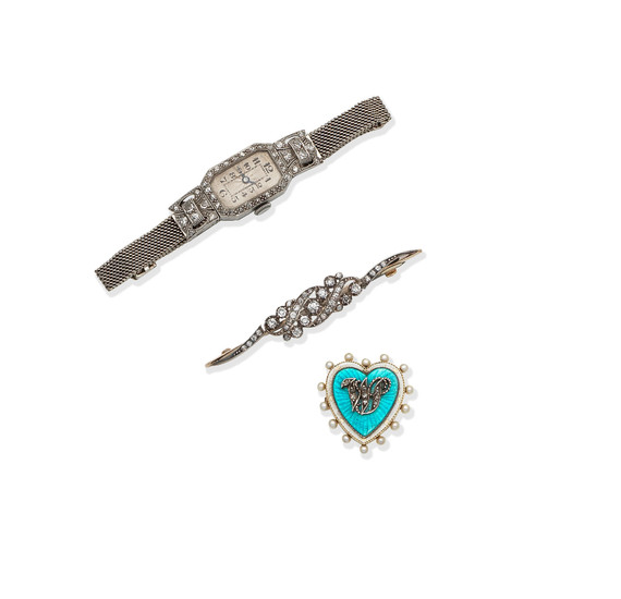 An enamel, seed pearl and diamond brooch/pendant, circa 1900, a diamond brooch, circa 1900 and an Art Deco diamond watch, circa 1920