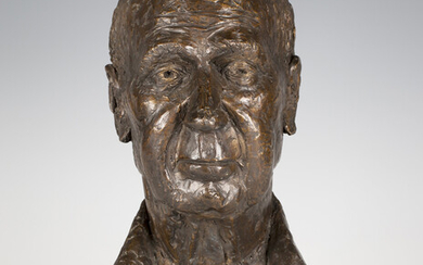 Ann Scott - a late 20th century brown patinated cast bronze bust portrait of Peter Sebley, inscribed