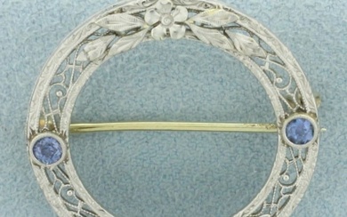 Antique Art Deco Filigree Sapphire Circle Pin in 14k White Gold