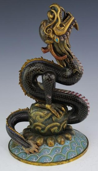 Antique Chinese Bronze Cloisonne Dragon Censor