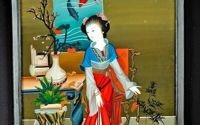 19th C. Chinese Reverse Glass Painting w/ Courtesan