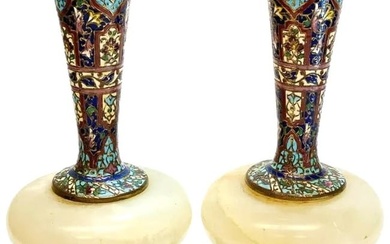 Antique Circa 1890 French Champleve Enamel Gilt Bronze White Onyx Footed Vases