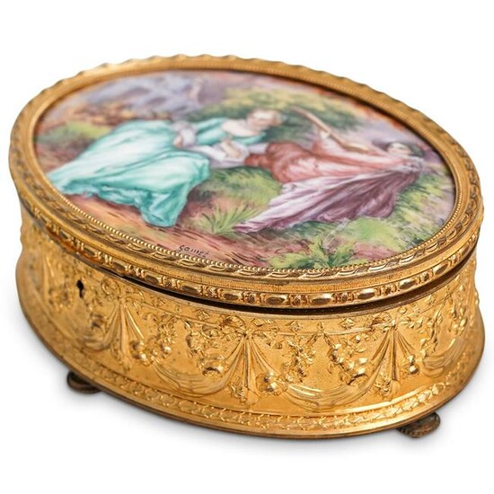 Antique French Gilt Ormolu & Enamel Jewelry Box