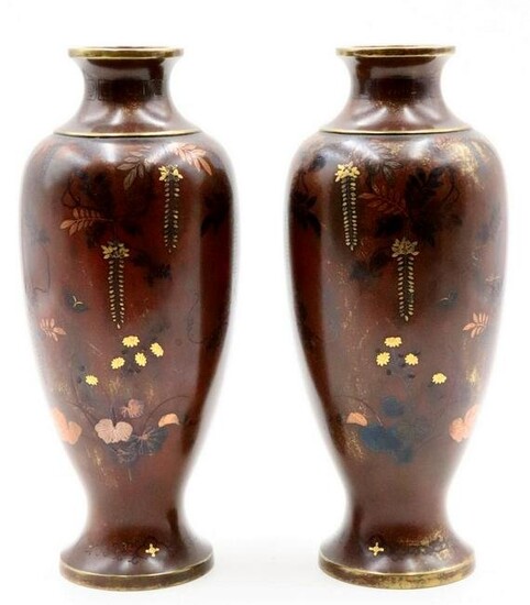 Antique Japanese Hand Painted Bronze Vases