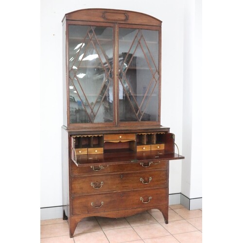 Antique Regency mahogany secretaire bookcase, glazed two doo...