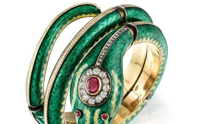 Antique Ruby Diamond and Enamel Snake Bangle Bracelet