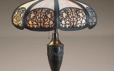 Antique bent panel, slag glass Table Lamp, circa