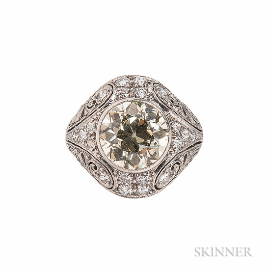 Art Deco Platinum, Colored Diamond, and Diamond Ring