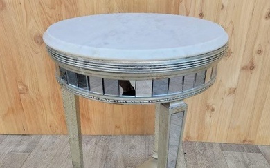 Art Deco Round Mirrored Entrance Foyer Accent Table with Marble Top
