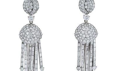 Art Deco Style Round And Baguette Cut Dangling Diamond Earrings