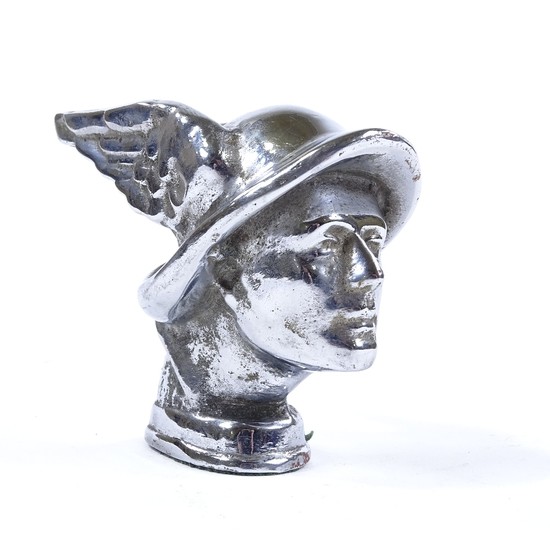 Art Deco chrome-plate bronze head of Mercury car mascot, cir...