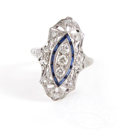 Art Deco platinum, diamond and sapphire ring